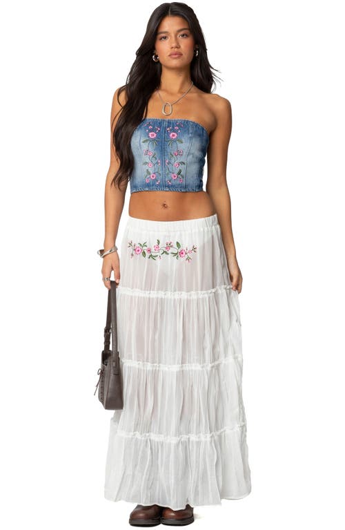 Edikted Tula Floral Embroidered Strapless Denim Corset Top In Blue