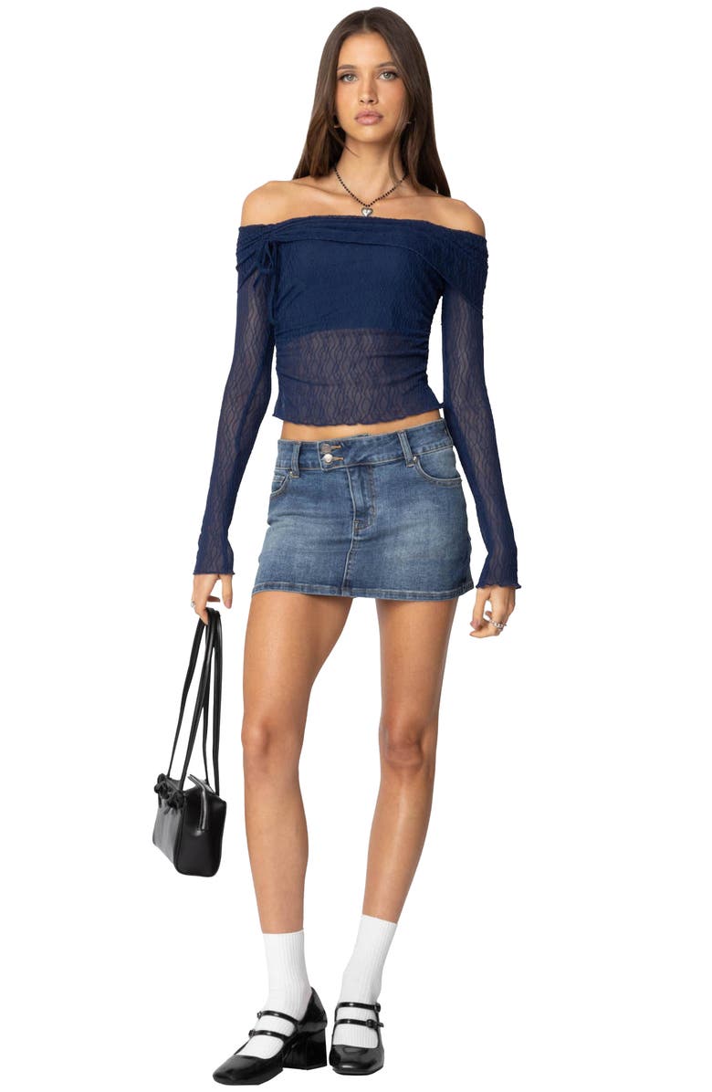 EDIKTED Off the Shoulder Long Sleeve Sheer Top, Alternate, color, Navy