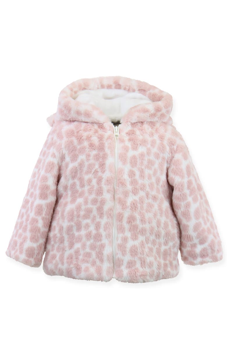Faux Fur Hooded Zip Front Snuggle Jacket, Alternate, color, Pink Giraffe
