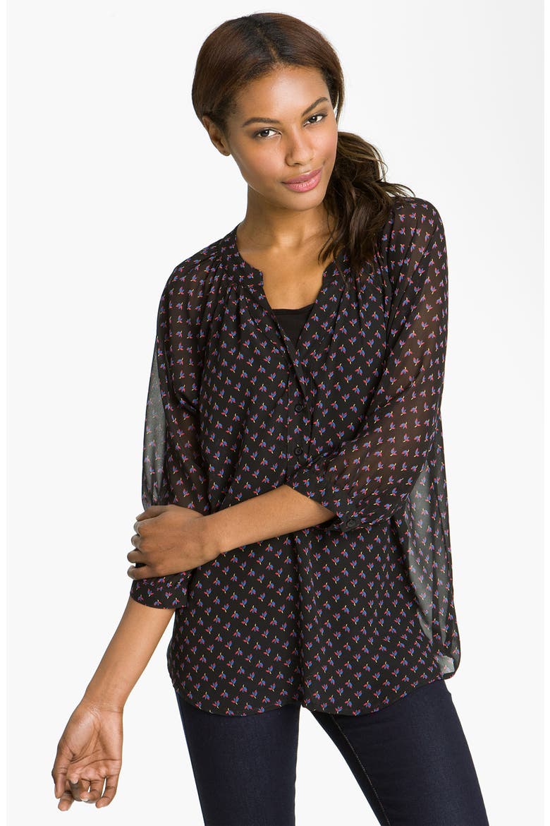 Sheer Print Henley Blouse, Main, color, BLACK DITSY FLORAL