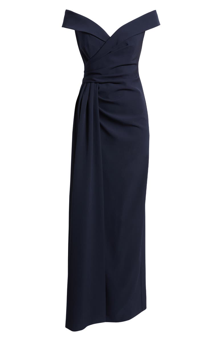 Eliza J Social Portrait Collar Laguna Crepe Gown, Alternate, color, Navy