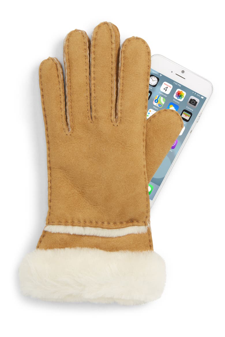 Seamed Touchscreen Compatible Genuine Shearling Gloves, Alternate, color, CHESTNUT