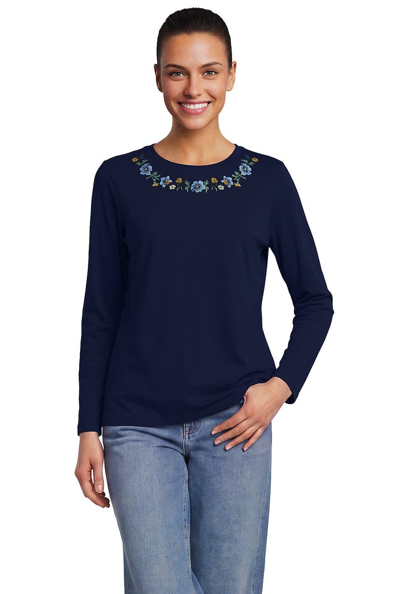 Supima Cotton Long Sleeve Crewneck T-Shirt, Alternate, color, Floral Embroidery/Deep Sea