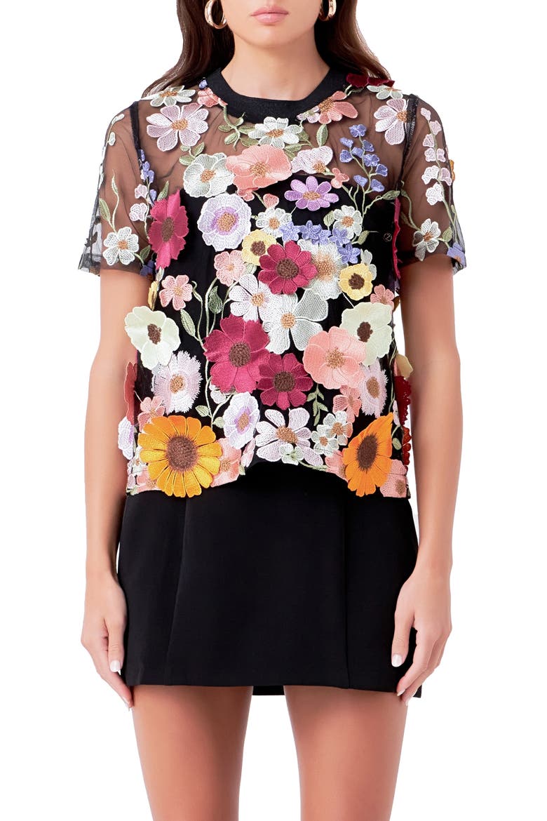 Floral Embroidered Appliqué Organza Top, Main, color, BLACK