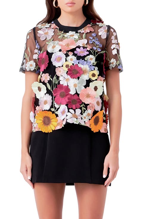 Floral Embroidered Appliqué Organza Top