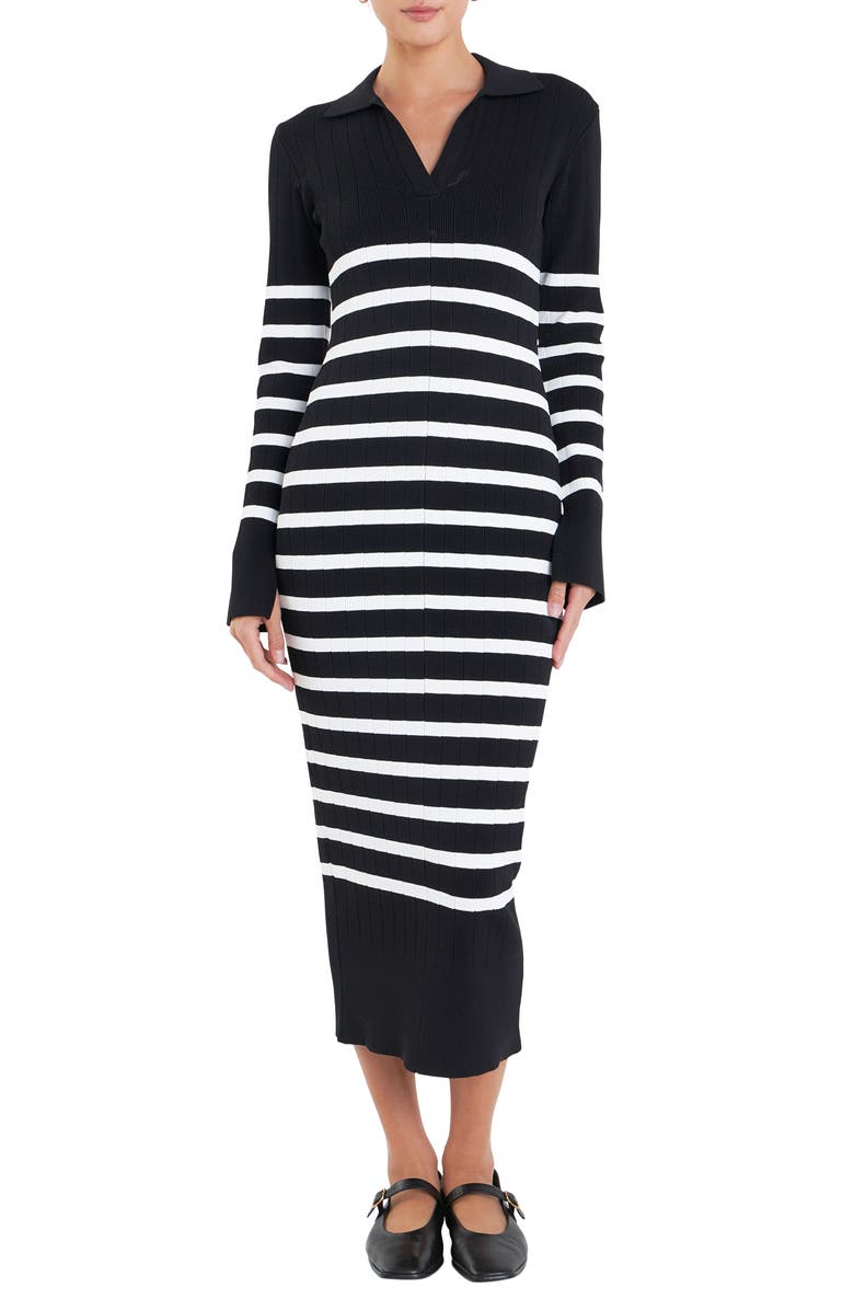 English Factory Stripe Long Sleeve Midi Sweater Dress, Main, color, Black/ Off White