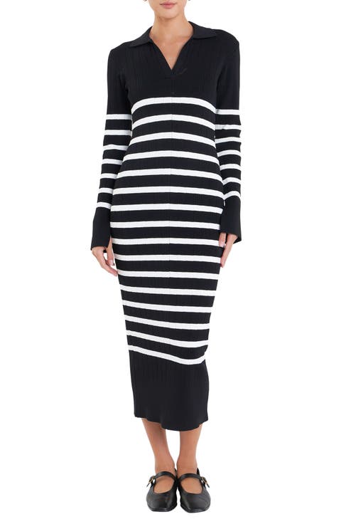 Stripe Long Sleeve Midi Sweater Dress