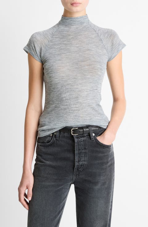 Wool Raglan Cap-Sleeve Mock-Neck Top