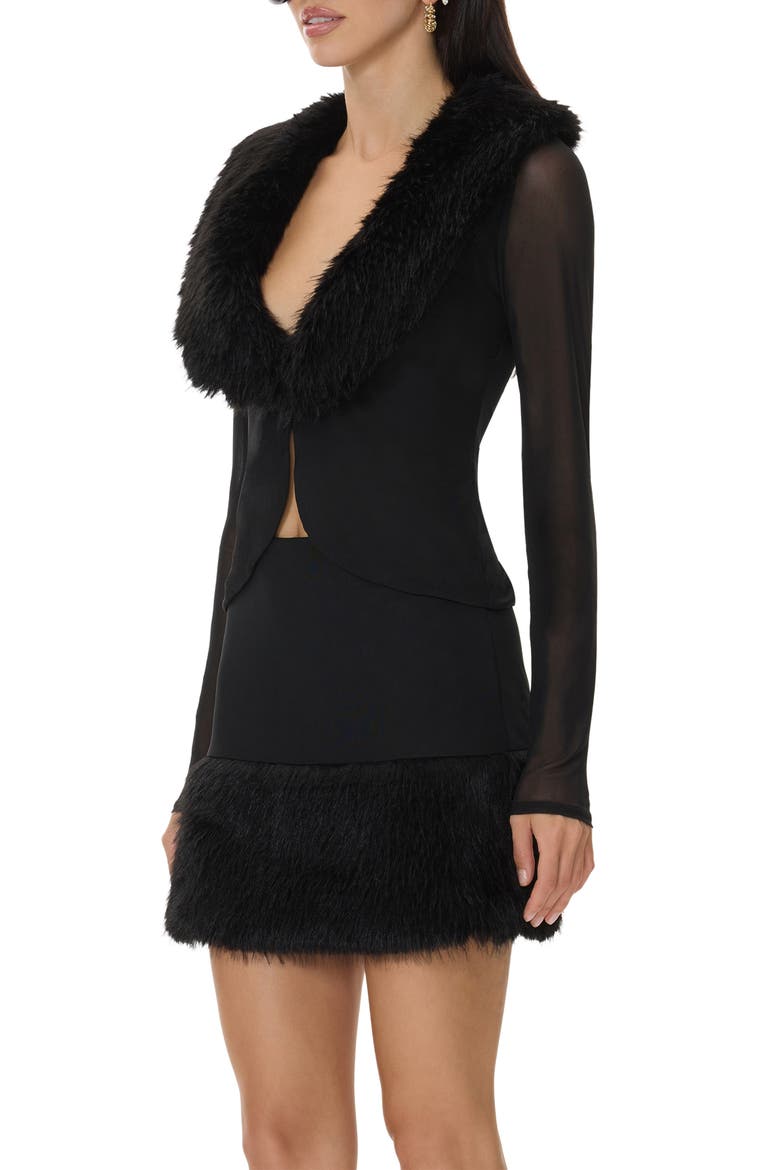 Nymia Faux Fur Collar Mesh Sleeve Cardigan, Alternate, color, NOIR