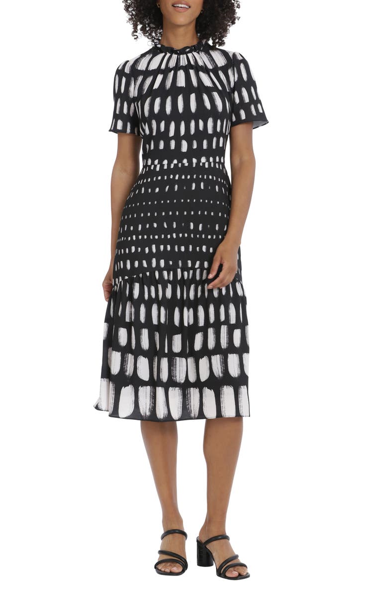 Maggy London Abstract Print Tiered Midi Dress, Main, color,