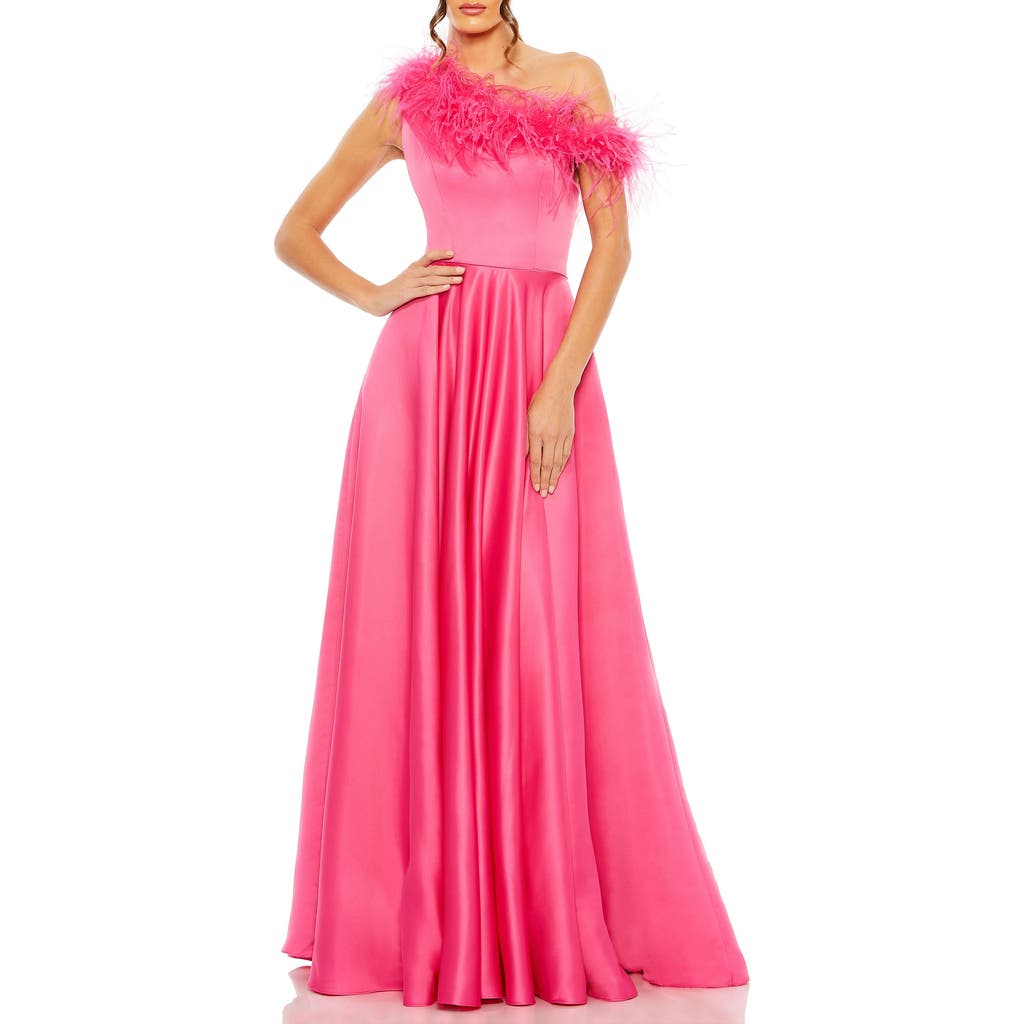 Mac Duggal One Shoulder A Line Gown With Feather Detail In Hot Pink