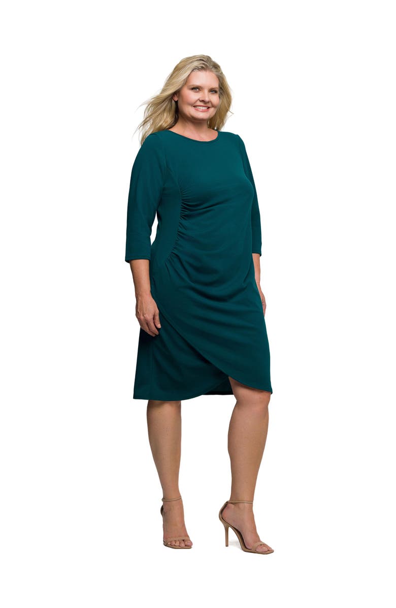 24seven Comfort Apparel Plus Size Three Quarter Sleeve Ruched Tulip Hem Mini Dress, Alternate, color, Hunter