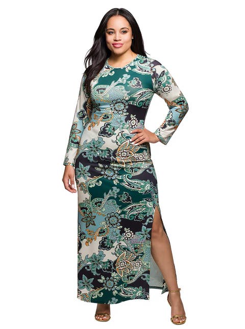 Paisley Print Long Sleeve Side Slit Maxi Dress