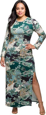 24seven Comfort Apparel Paisley Print Long Sleeve Side Slit Maxi Dress