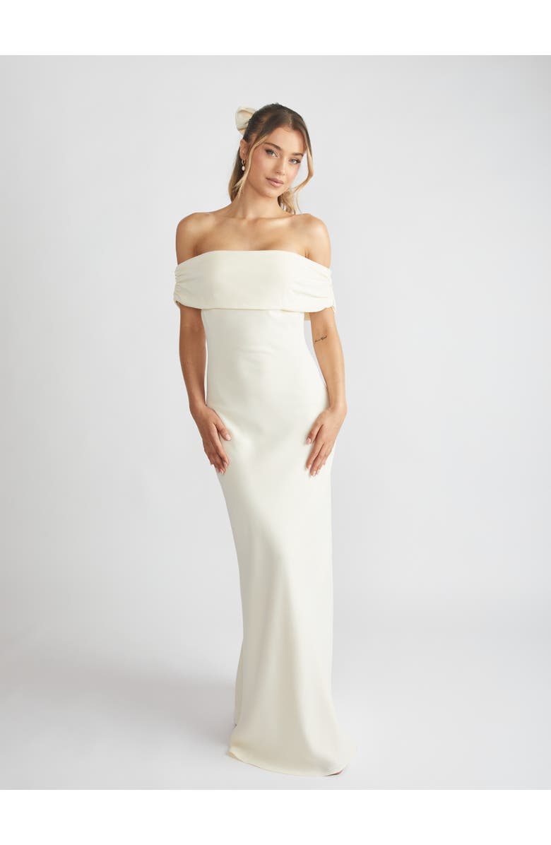 Six Stories Bardot Gathered Crepe Bridesmaid Dress, Main, color, Almond