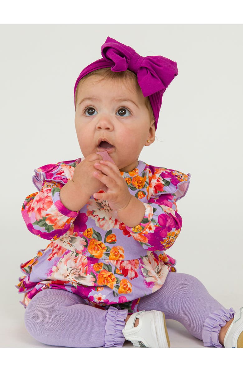 RuffleButts Long Sleeve Flutter Bubble Romper, Alternate, color, Lavender Valley