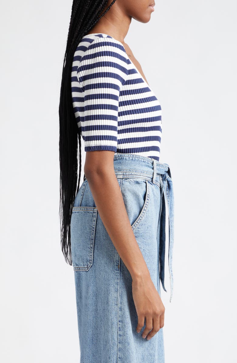 Veronica Beard Anafi Stripe Rib Stretch Cotton Top, Alternate, color, Off White Marine