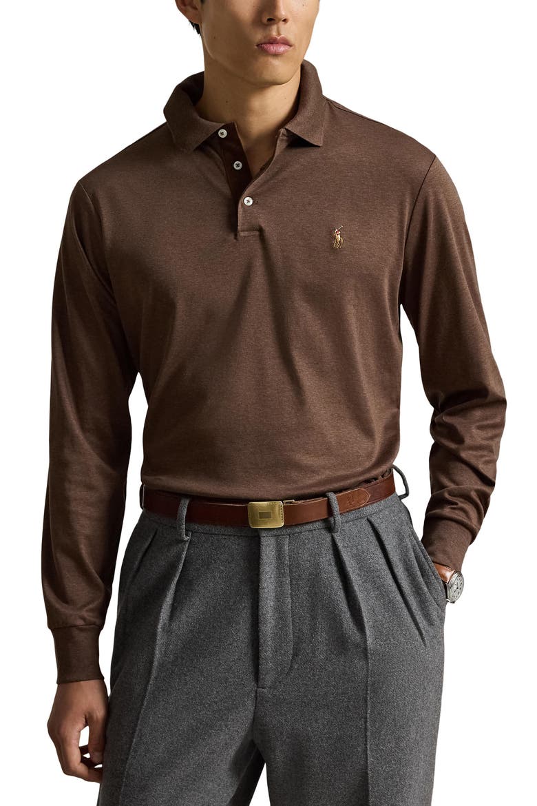 Pima Cotton Long Sleeve Polo, Main, color, BROWN MU