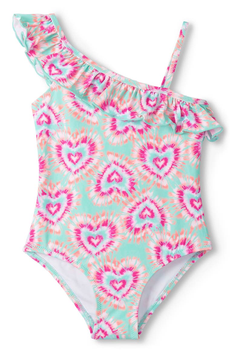Kids' Glow Hearts Ruffle One-Piece Swimsuit, Main, color, OPAL