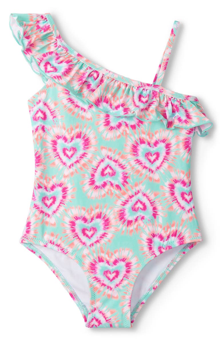 Hatley Kids' Glow Hearts Ruffle One-Piece Swimsuit, Main, color, Opal