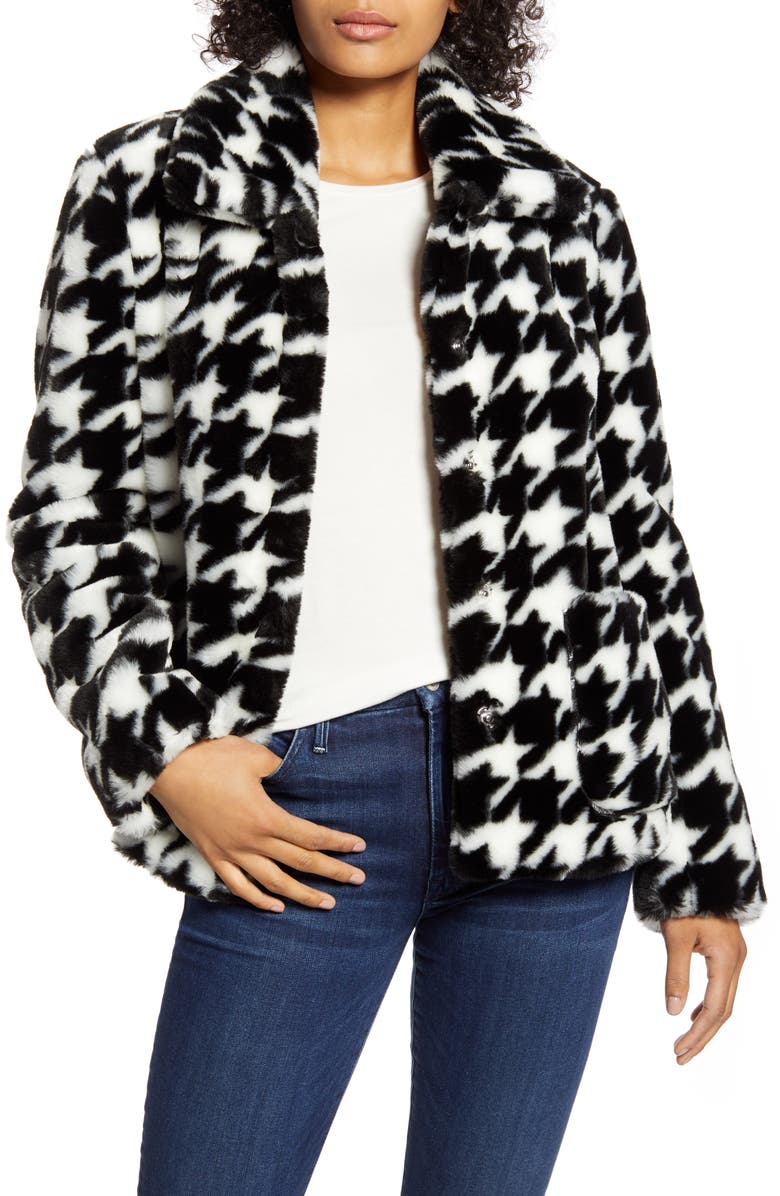 CeCe Faux Fur Houndstooth Jacket, Main, color,