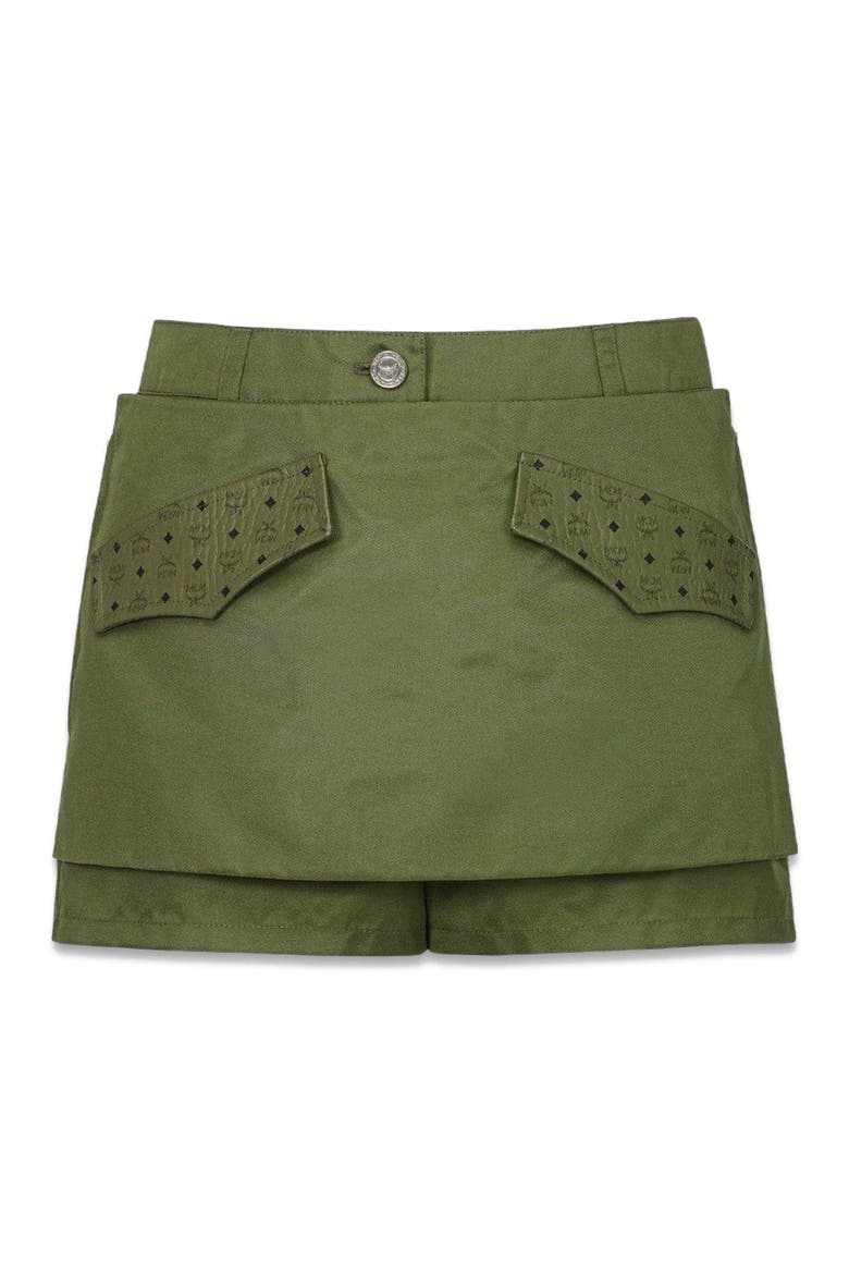 Skirt-Layered Shorts in ECONYL® and Monogram Print Leather, Main, color, Green