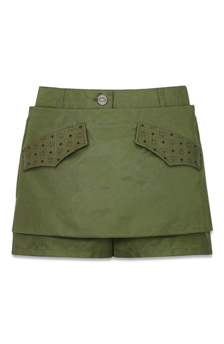 MCM Skirt-Layered Shorts in ECONYL<sup>®</sup> and Monogram Print Leather, Main, color, Green