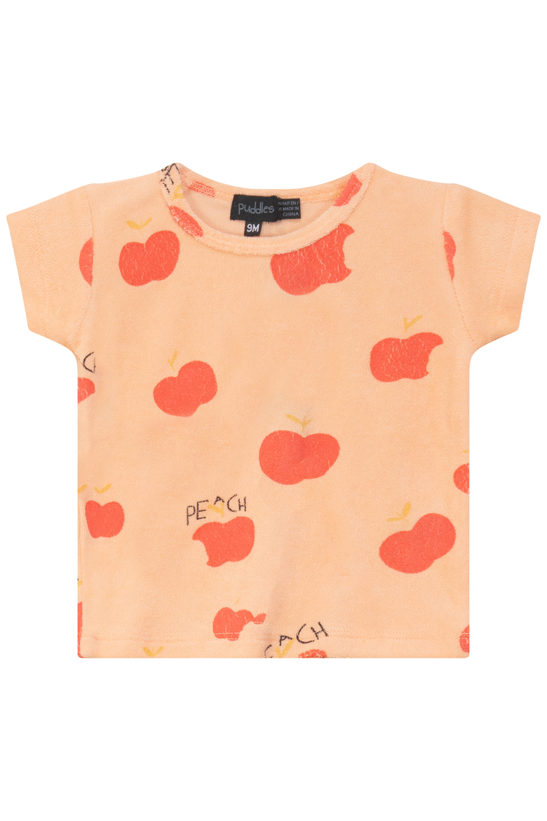 Girl Terry Peach Art T-Shirt & Striped Shorts Two Piece Set, Main, color, Cream/Peach