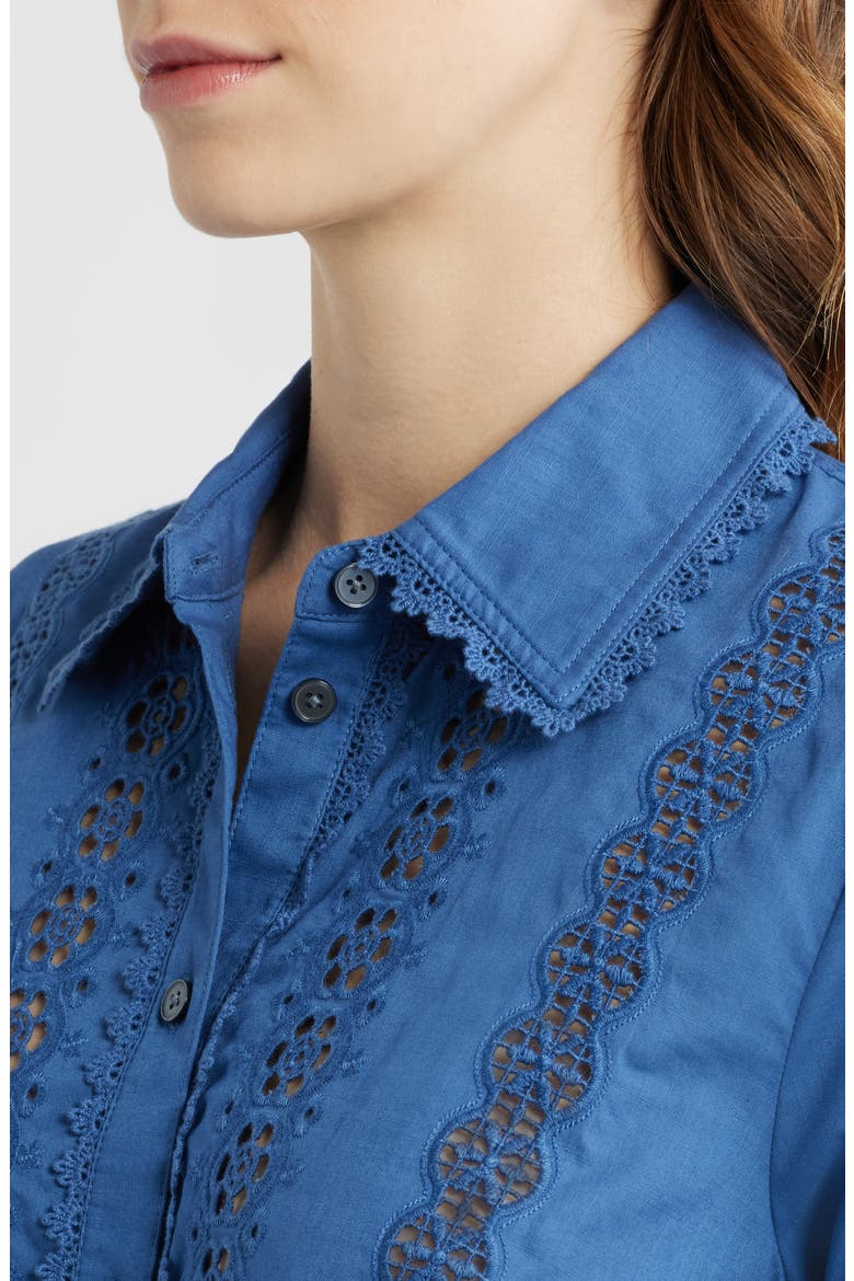 Sienna Embroidered Detail Cotton Button-Up Shirt, Alternate, color, DENIM BLUE