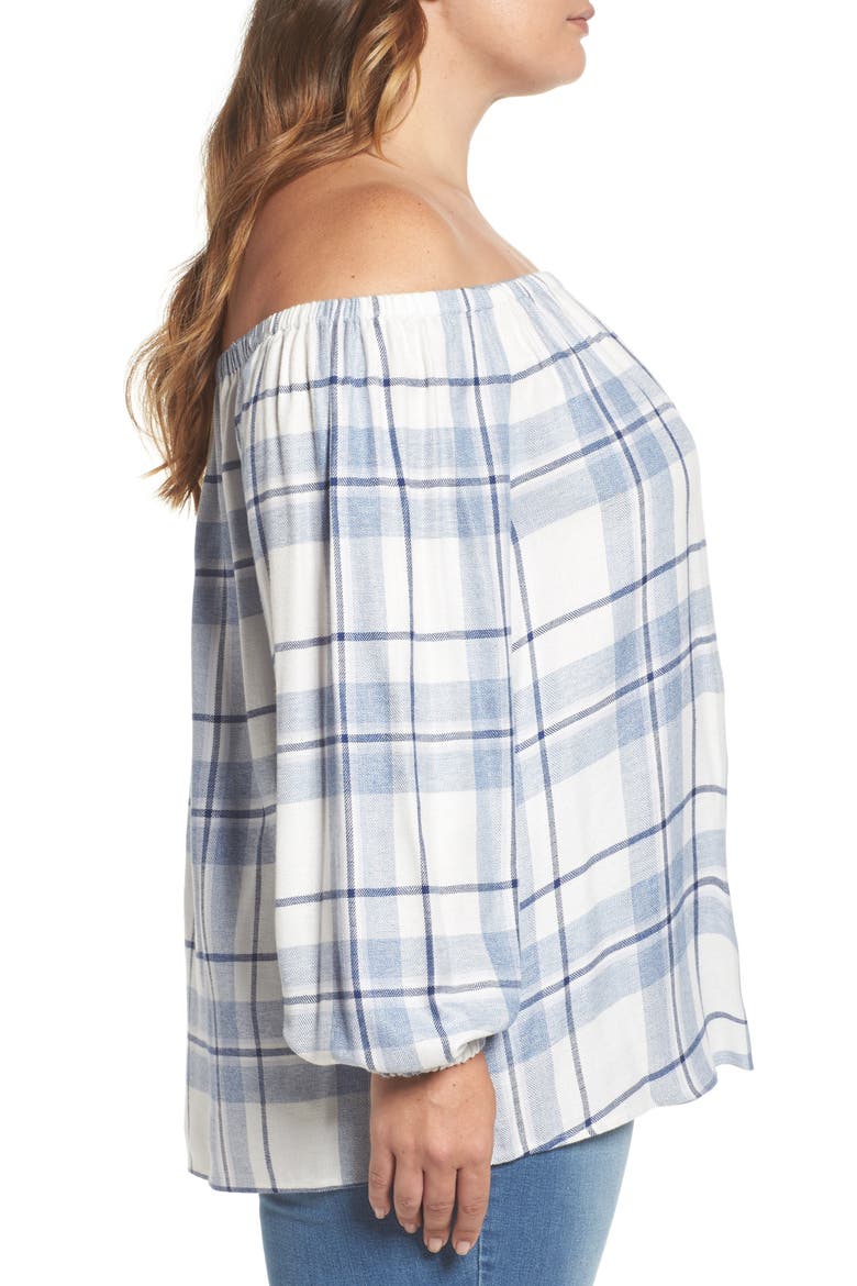 Plaid Off the Shoulder Blouse, Alternate, color, BLUE NIGHT