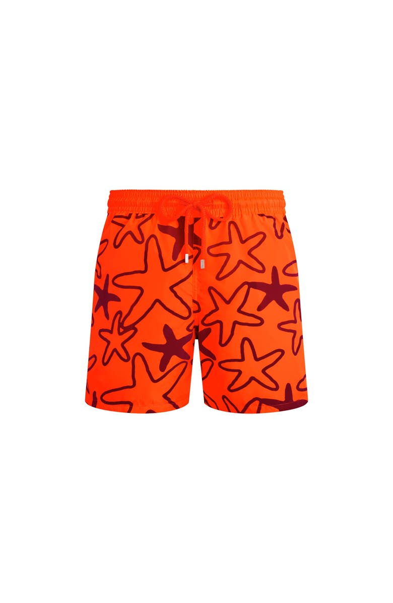 Vilebrequin Ultra-light and packable Swim Shorts Flocked Starlettes, Main, color, Fluo Fire