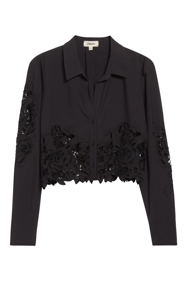 Seychelle Cutwork Crop Button-Up Shirt, Alternate, color, BLACK