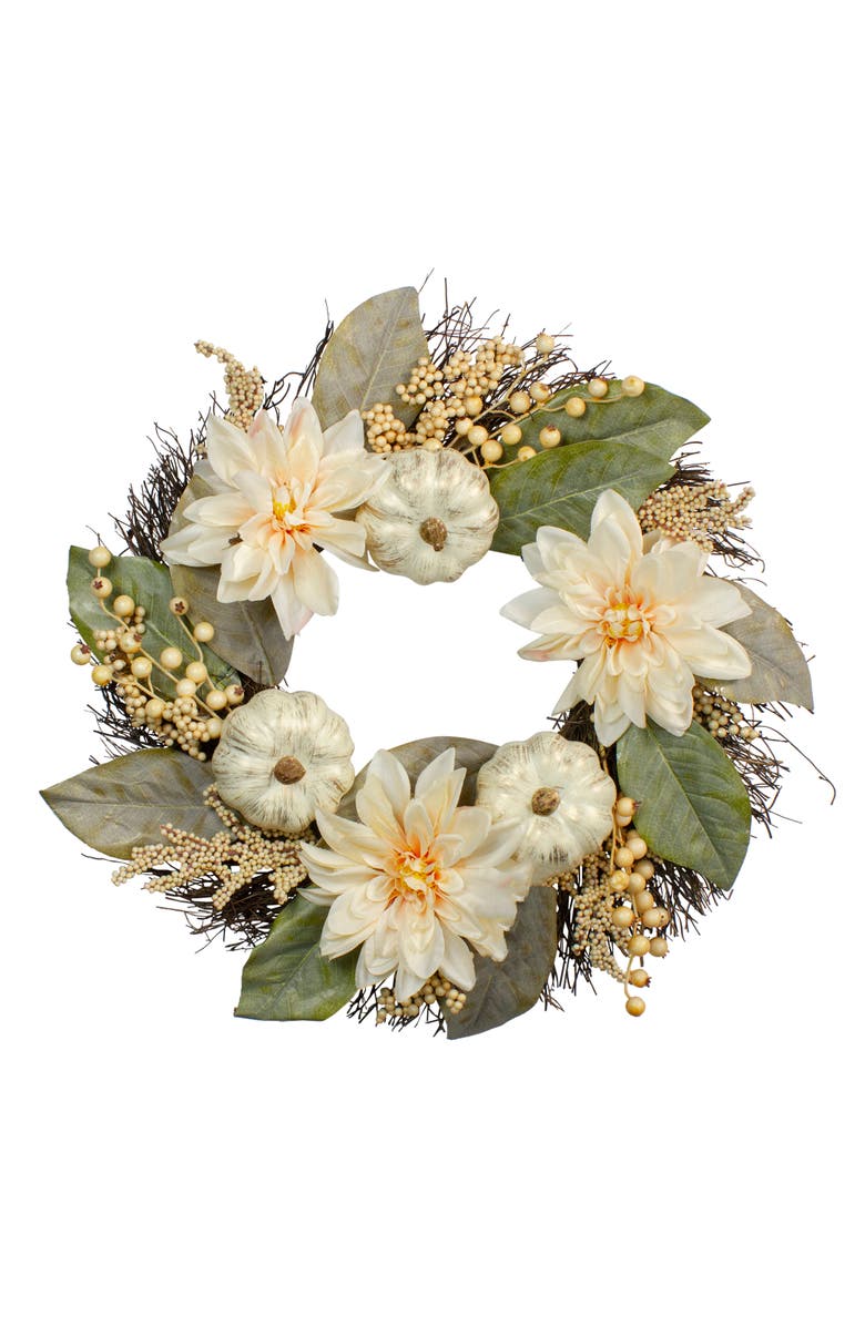 Northlight Dahlia and Pumpkin Fall Artificial Floral Wreath, 22-Inch, Main, color, 