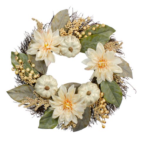Dahlia and Pumpkin Fall Artificial Floral Wreath, 22-Inch