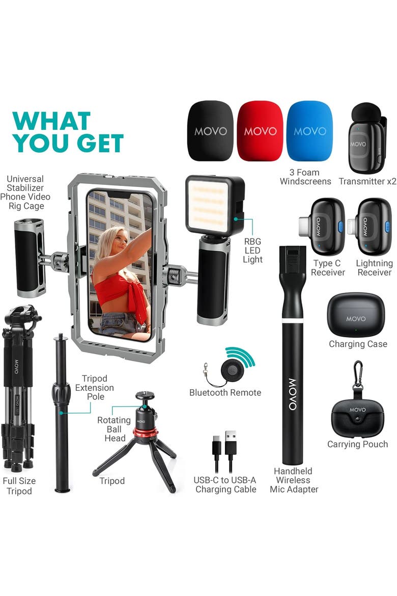 iFilmer-PRO Smartphone Rig with Dual Grip Cage, Wireless Lavalier Mics, and Full Size Tripod for iPhone and Android, Alternate, color, Black