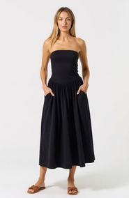Modenaire Strapless Smocked Bodice Midi Dress with Flowy Skirt and Pockets