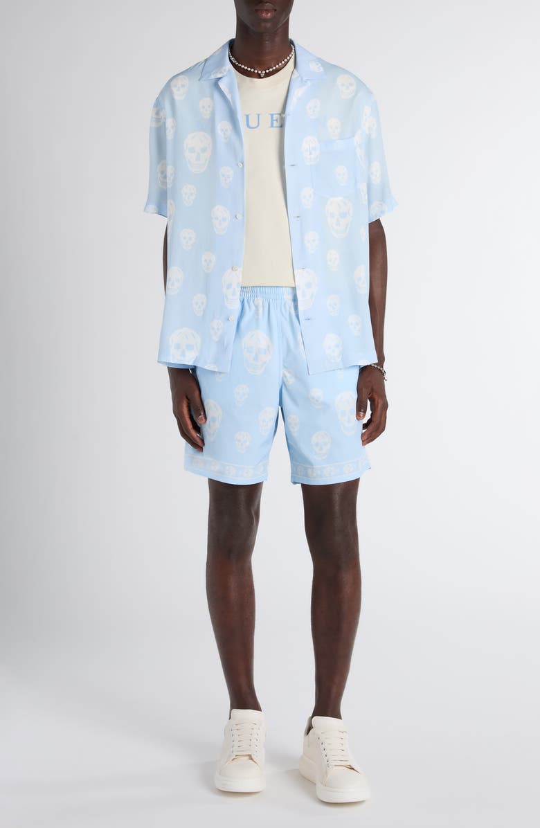 McQueen Classic Skull Print Swim Trunks, Alternate, color, Ice Blue/ White