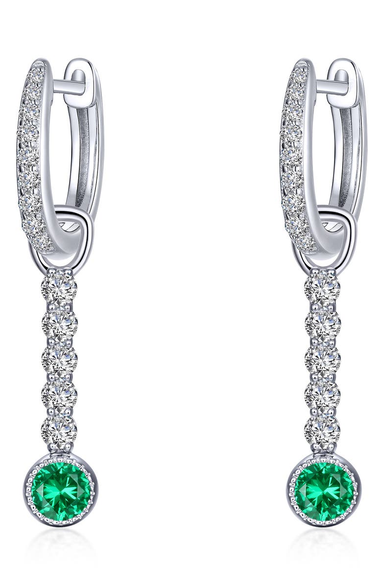 Lafonn Platinum Bonded Sterling Silver Simulated Diamond & Crown Set Emerald Linear Drop Earrings, Main, color, 