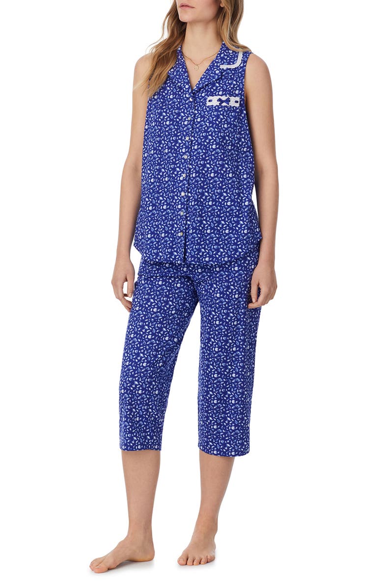 Eileen West Floral Sleeveless Capri Cotton Jersey Pajamas, Alternate, color, Navy Print