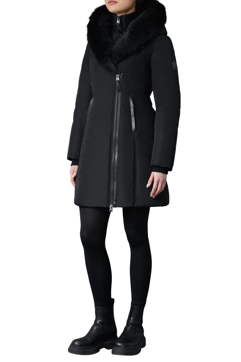 Kay Water Resistant Down Coat with Genuine Shearling Trim, Main, color, BLACK