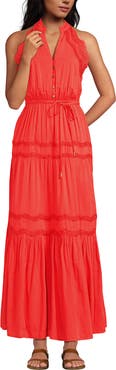Lands' End Cotton Voile Halter Tiered Maxi Dress