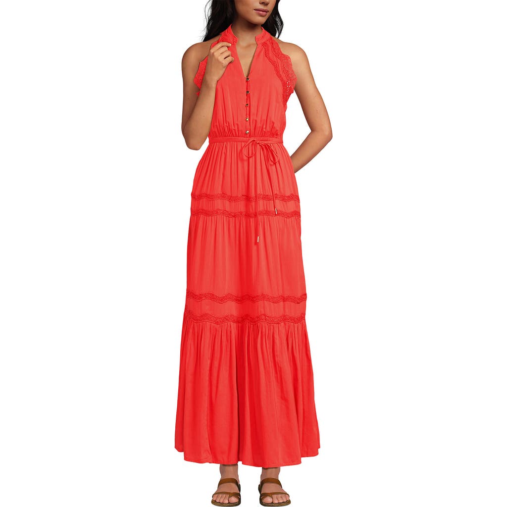 LANDS' END LANDS' END COTTON VOILE HALTER TIERED MAXI DRESS