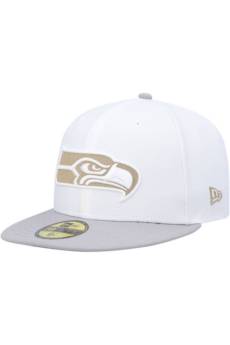 Men's New Era White/Gray Seattle Seahawks 40th Anniversary Gold Undervisor 59FIFTY Fitted Hat, Alternate, color, White