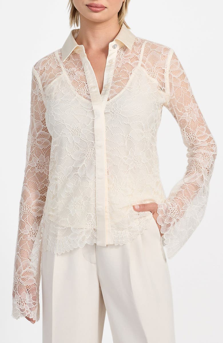 GUESS Antoinette Bell Sleeve Lace Button-Up Shirt, Main, color, Cream White