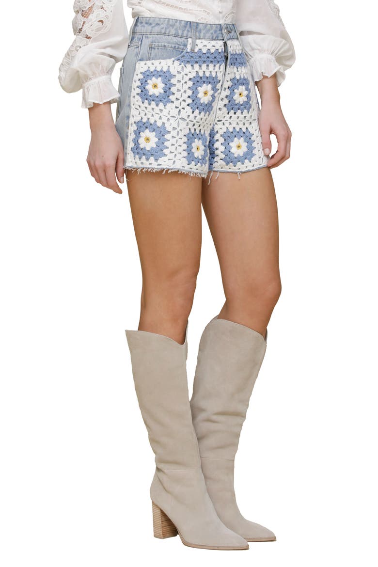 Crochet Denim Cutoff Shorts, Alternate, color, BLUE