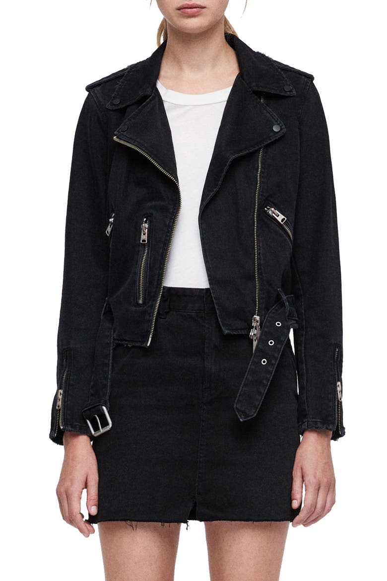 Balfern Denim Biker Jacket, Main, color, BLACK