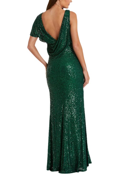 Mac Duggal Sequined Asymmetrical Draped Trumpet Gown In Green