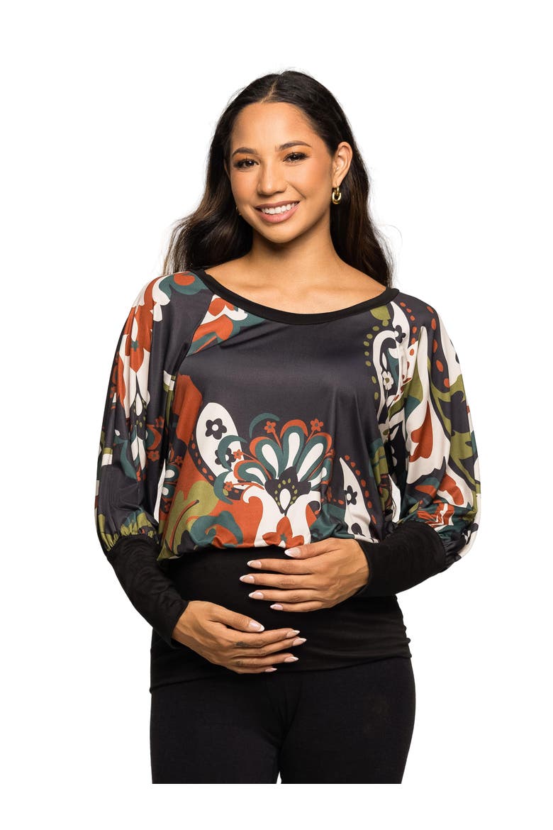 Maternity Essential Paisley Print Dolman Sleeve Banded Top, Main, color, Green Multi