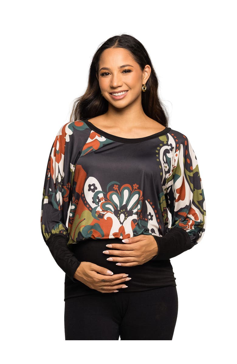 24seven Comfort Apparel Maternity Essential Paisley Print Dolman Sleeve Banded Top, Main, color, Green Multi