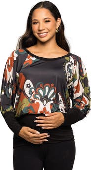 24seven Comfort Apparel Maternity Essential Paisley Print Dolman Sleeve Banded Top